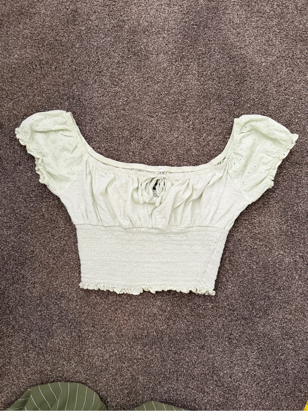 Me to We Light Sage Smocked Crop Top with Eyelet Puff Sleeves